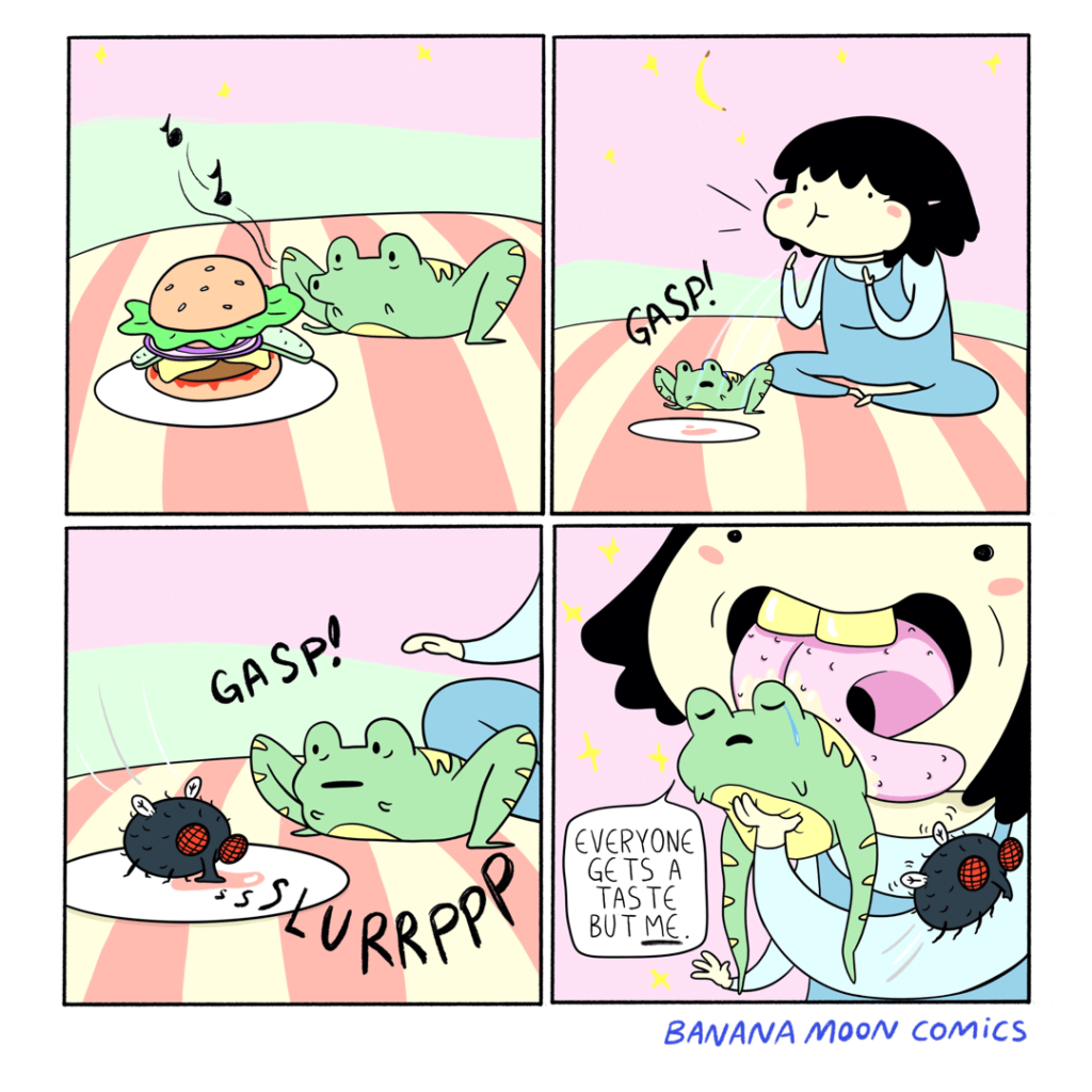 Frog sees a burger but Andi eats it first then a fly finishes the crumbs just before Andi licks the sad frog for dessert
