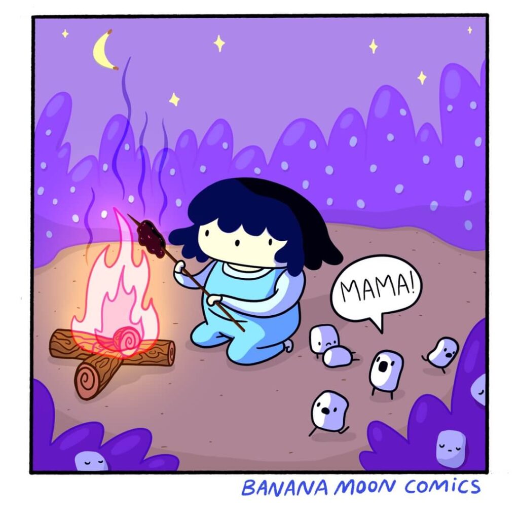 Andi roasts a marshmallow far too much, as the little marshmallow children run away screaming in terror