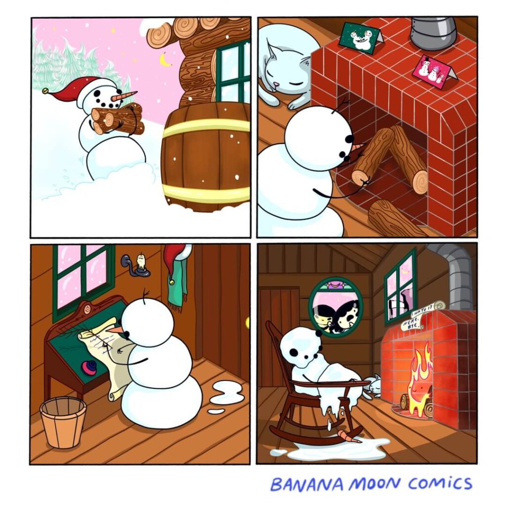 Melty the Snowman makes himself a cosy fire.
