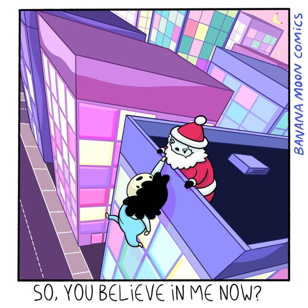Santa stands at the top of a skyscraper challenging Andi to believe in him as she dangles from the edge of the building
