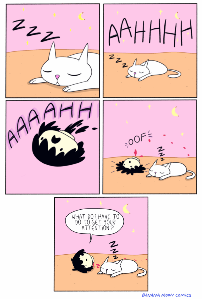 Andi tries to get a cats attention and goes as far as decapitating herself to get the cat to look at her.
