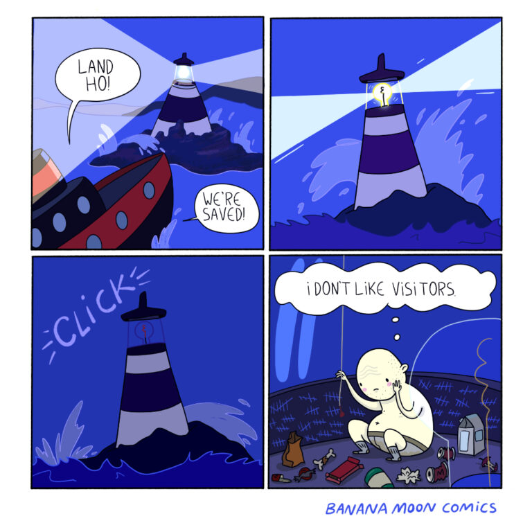 A lonely lighthouse keeper really likes to be alone. When a boat approaches desperate to find land, he shuts off the lightbulb.