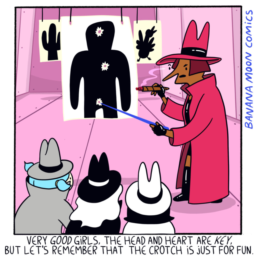 All the three SpyGirls gather before their instructor at the shooting range. The instructor points at the man shaped target and says " Very good girls, the head and heart are essential but remember the crotch is just for fun"