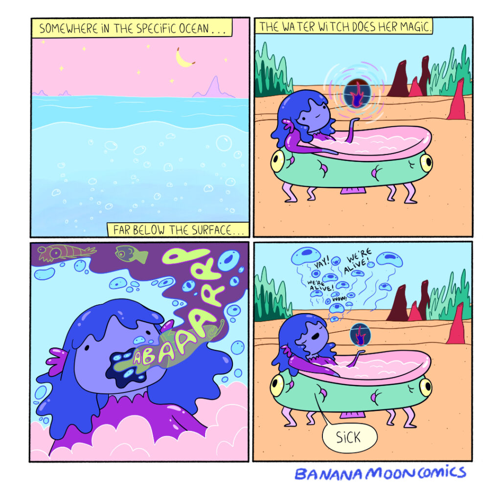 Somewhere deep underwater in the Specific Ocean a merwitch relaxes in her bath and plays with her magic. but the most impressive trick is the giant burp she unleashes and the life each bubble appears to have one their short journey up to the surface.